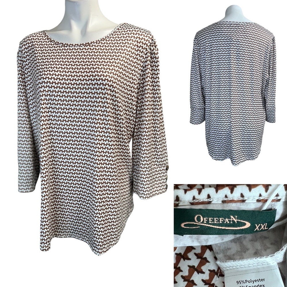 Ofeefan Blouse plus size XXL Large brown Geometric round-Neck 3/4 Sleeve
